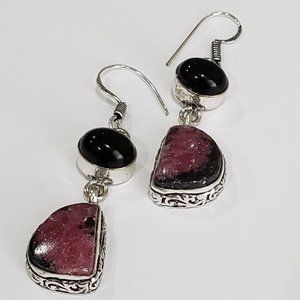 Rhodonite, Black Onyx Gem 925 Drop Dangle Earrings